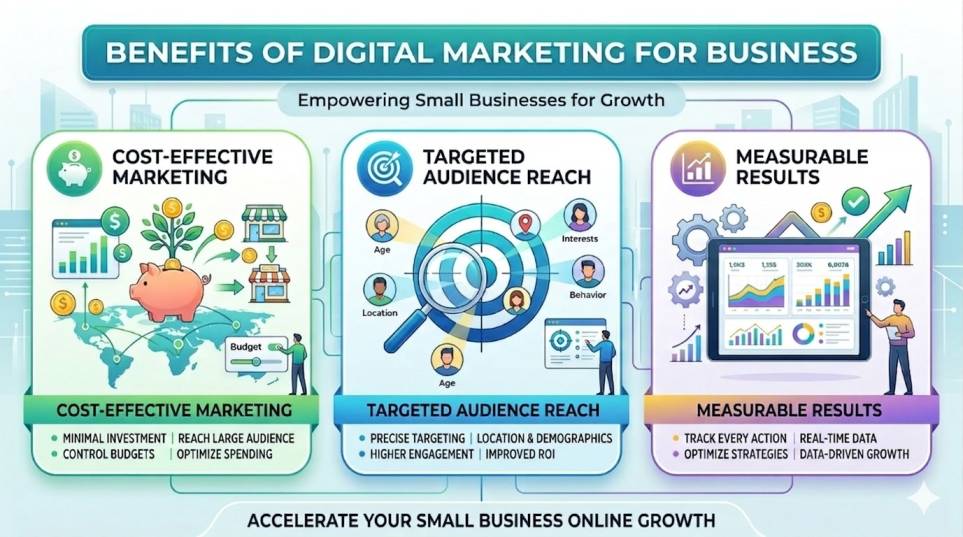 Benefits of digital marketing for small business infographic showing cost-effective marketing, targeted audience reach, and measurable results for online business growth”