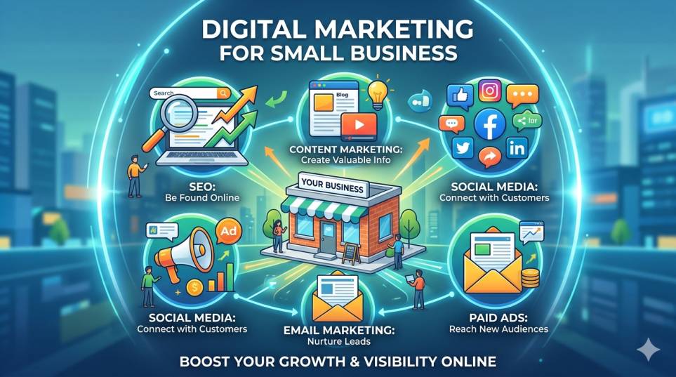 An infographic illustrating digital marketing for small business. A central storefront labeled 'YOUR BUSINESS' is surrounded by six connected, glowing modules: SEO, Content Marketing, Social Media, Social Media Ads, Email Marketing, and Paid Ads, all designed to boost business growth and visibility online.